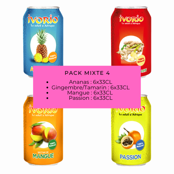 Jus IVORIO - PACK MIXTE 4 : Ananas-Tamarin&Gingembre-Mangue-Passion (24x33CL)